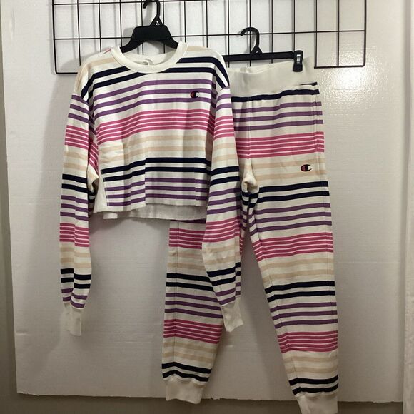 Champion Pants - Champion Women M Reverse Weave Striped Sweatshirt & Pants 58935